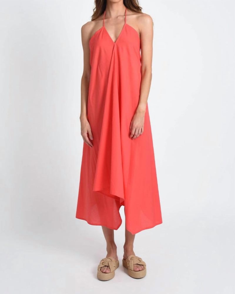 Front of a model wearing a size Large Asymmetrical Beach Dress in Red/Orange in Red/Orange by MOLLY BRACKEN. | dia_product_style_image_id:339279